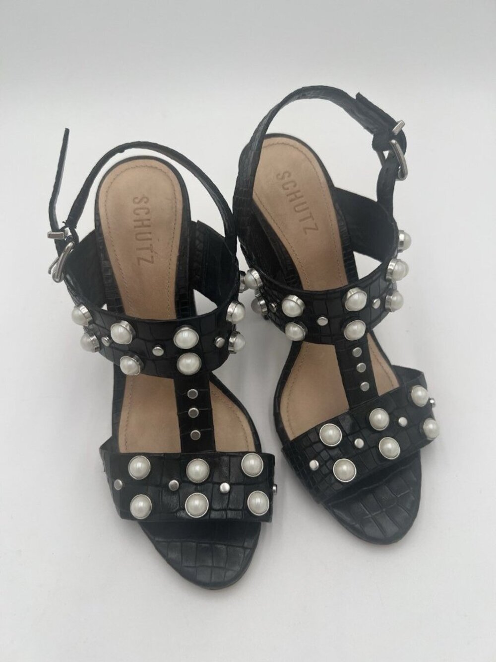 Schutz Zarita Sandals 8B Black Croc Embossed Leather Pearl Stud Slingback Heels - Picture 1 of 15